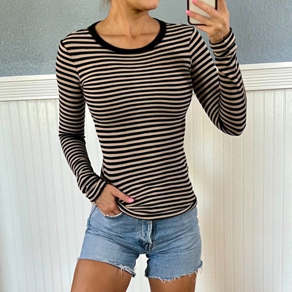 Vince Camuto Black and Tan Striped Crew Neck Sweater - Picture 2 of 5